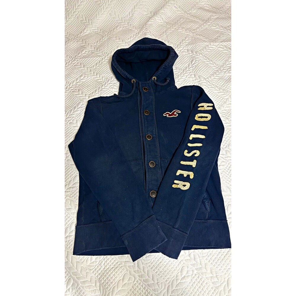 Hollister Men's Blue Distressed Fleece Pullover Hoodie Button Placket Logo XL